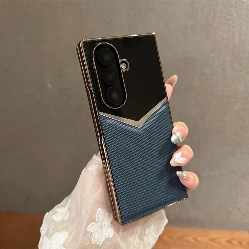 Capa para Samsung Galaxy Z Fold7 5G em Couro Genuíno de Vaca + PC com Design de Contraste, Protetor de Tela - Azul Escuro