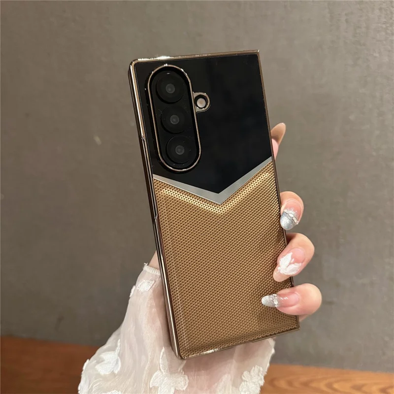 For Samsung Galaxy Z Fold7 5G Case Genuine Cow Leather + PC Contrast Design Phone Cover with Screen Protector - Desert Gold