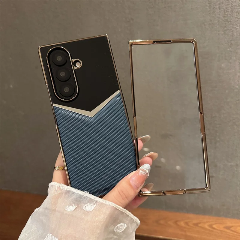 For Samsung Galaxy Z Fold7 5G Case Genuine Cow Leather + PC Contrast Design Phone Cover with Screen Protector - Desert Gold