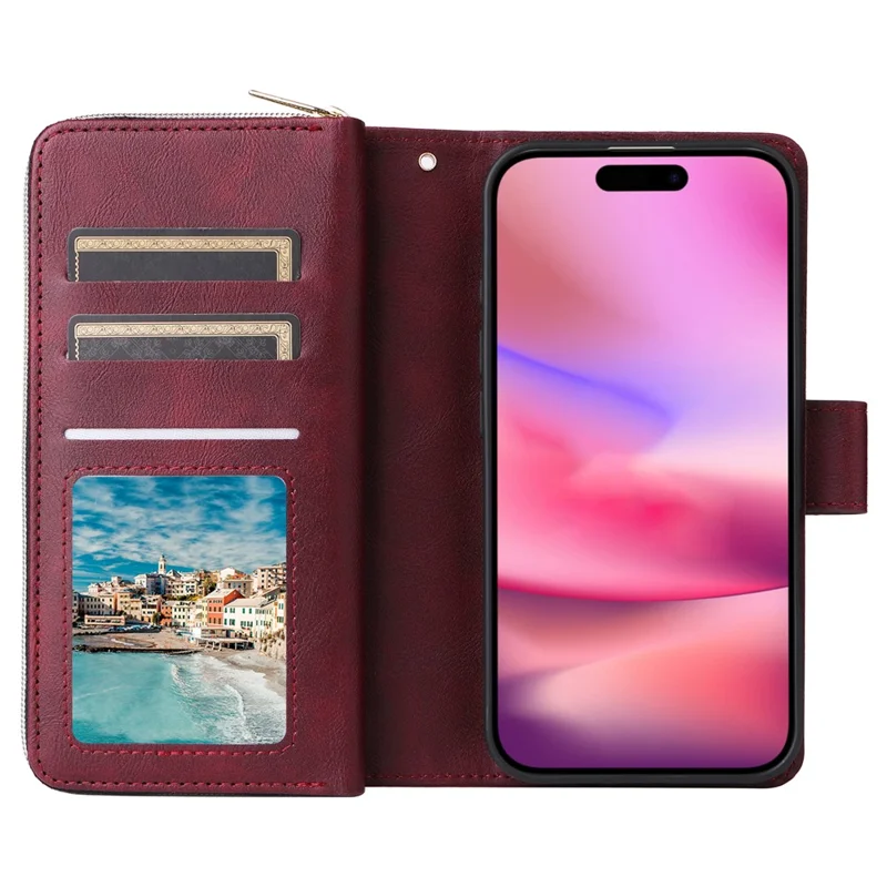 Funda de iPhone 17 con Bolsillo con Cremallera, 9 Ranuras para Tarjetas, Cuero PU, Correa de Mano - Rojo Vino