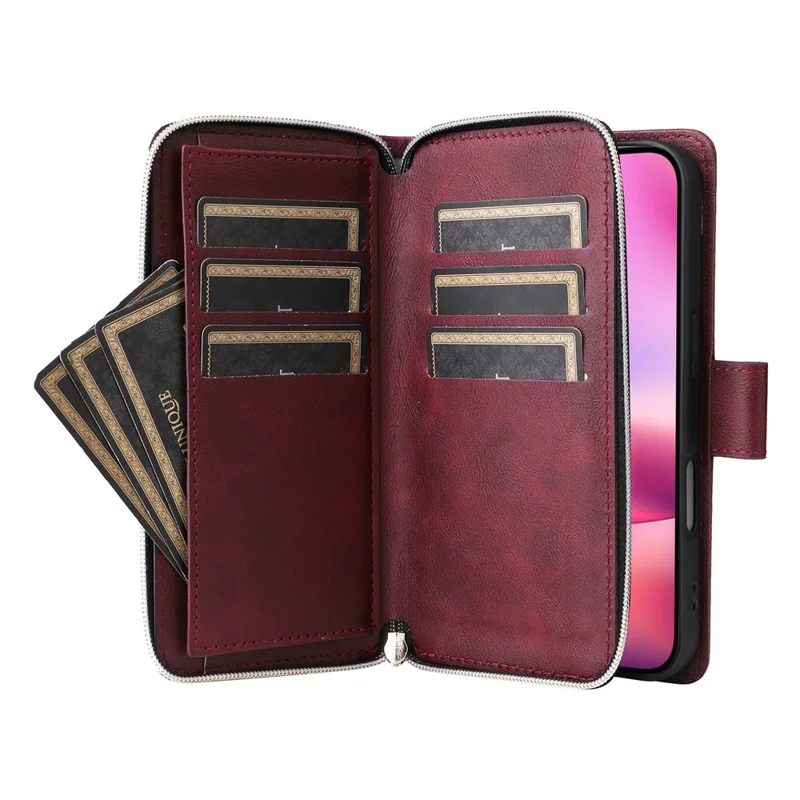Funda de iPhone 17 con Bolsillo con Cremallera, 9 Ranuras para Tarjetas, Cuero PU, Correa de Mano - Rojo Vino