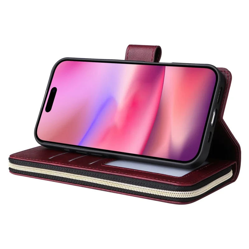 Funda de iPhone 17 con Bolsillo con Cremallera, 9 Ranuras para Tarjetas, Cuero PU, Correa de Mano - Rojo Vino