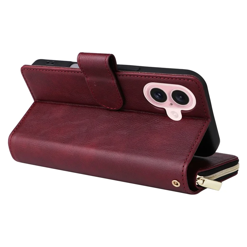 Funda de iPhone 17 con Bolsillo con Cremallera, 9 Ranuras para Tarjetas, Cuero PU, Correa de Mano - Rojo Vino