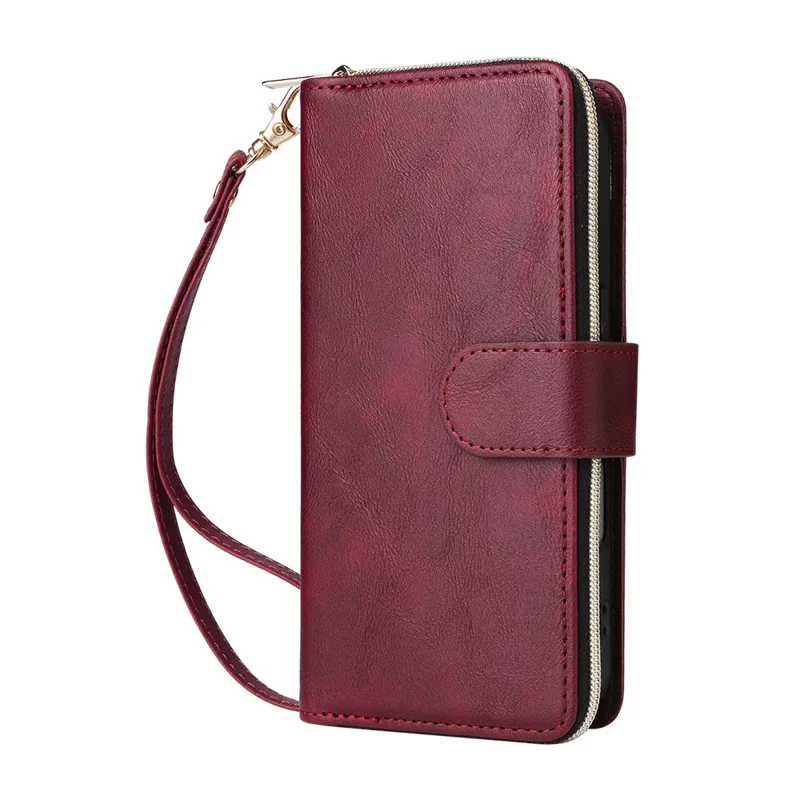 Funda de iPhone 17 con Bolsillo con Cremallera, 9 Ranuras para Tarjetas, Cuero PU, Correa de Mano - Rojo Vino