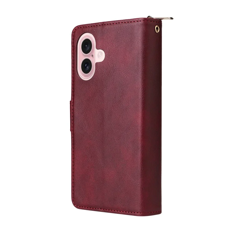 Funda de iPhone 17 con Bolsillo con Cremallera, 9 Ranuras para Tarjetas, Cuero PU, Correa de Mano - Rojo Vino