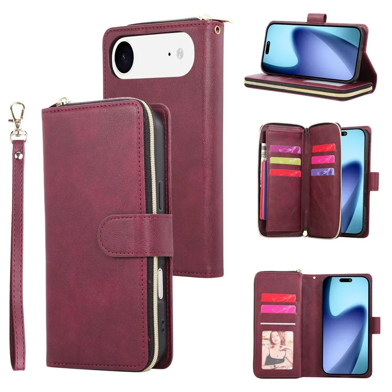 Funda de iPhone 17 con Bolsillo de Cremallera, 9 Ranuras para Tarjetas, Cuero PU, con Correa de Mano - Rojo Vino