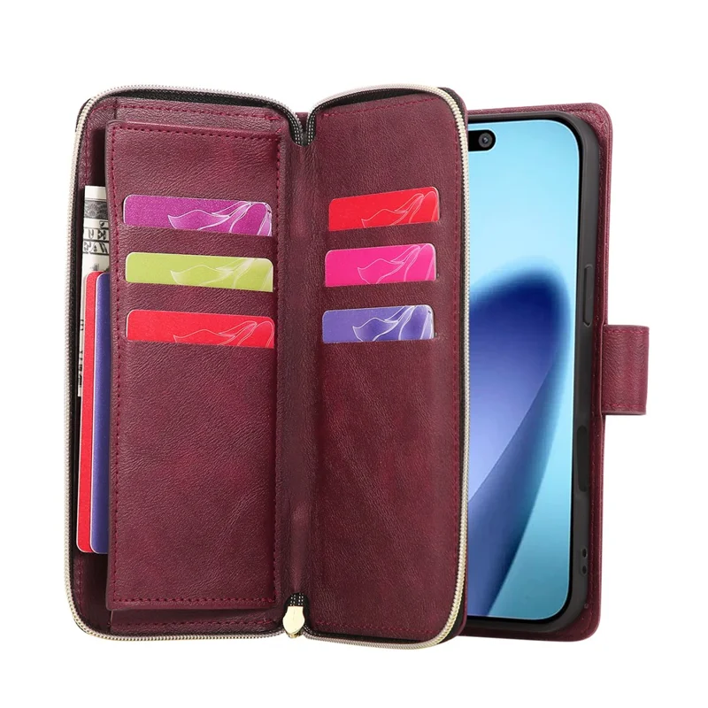 Funda de iPhone 17 con Bolsillo de Cremallera, 9 Ranuras para Tarjetas, Cuero PU, con Correa de Mano - Rojo Vino