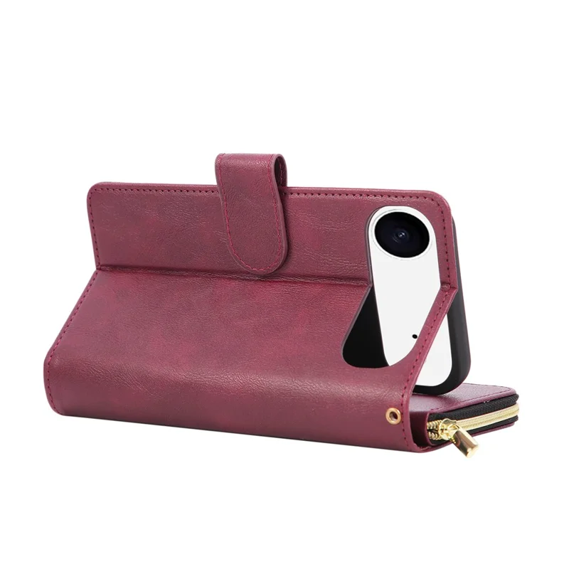 Funda de iPhone 17 con Bolsillo de Cremallera, 9 Ranuras para Tarjetas, Cuero PU, con Correa de Mano - Rojo Vino