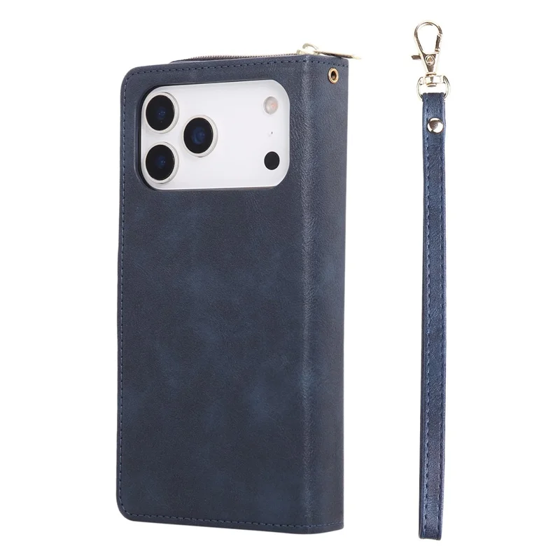 Funda para iPhone 17 Pro con Bolsillo de Cremallera, 9 Ranuras para Tarjetas, Cubierta de Teléfono de Cuero PU con Correa de Mano - Azul