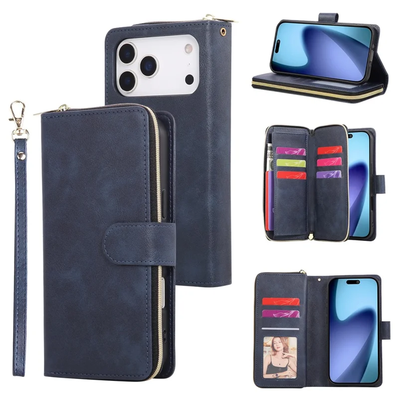 Funda para iPhone 17 Pro Max con Bolsillo de Cremallera, 9 Ranuras para Tarjetas, Cuero PU, Funda de Teléfono con Correa de Mano - Azul