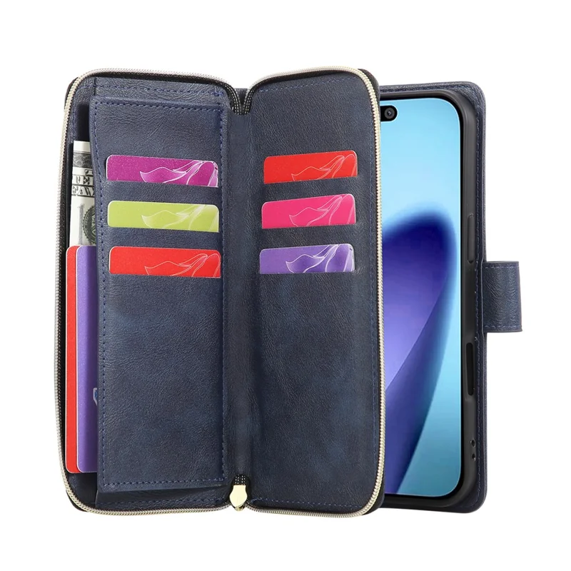 Funda para iPhone 17 Pro Max con Bolsillo de Cremallera, 9 Ranuras para Tarjetas, Cuero PU, Funda de Teléfono con Correa de Mano - Azul