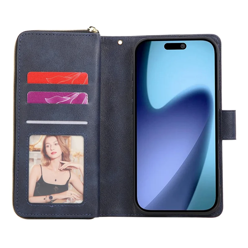 Funda para iPhone 17 Pro Max con Bolsillo de Cremallera, 9 Ranuras para Tarjetas, Cuero PU, Funda de Teléfono con Correa de Mano - Azul