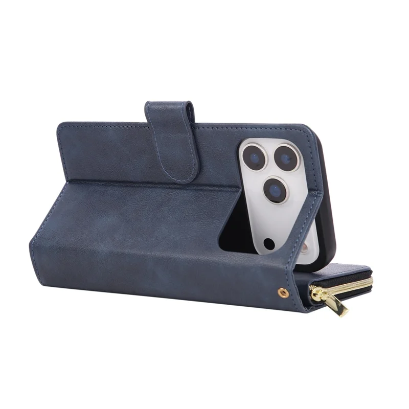 Funda para iPhone 17 Pro Max con Bolsillo de Cremallera, 9 Ranuras para Tarjetas, Cuero PU, Funda de Teléfono con Correa de Mano - Azul