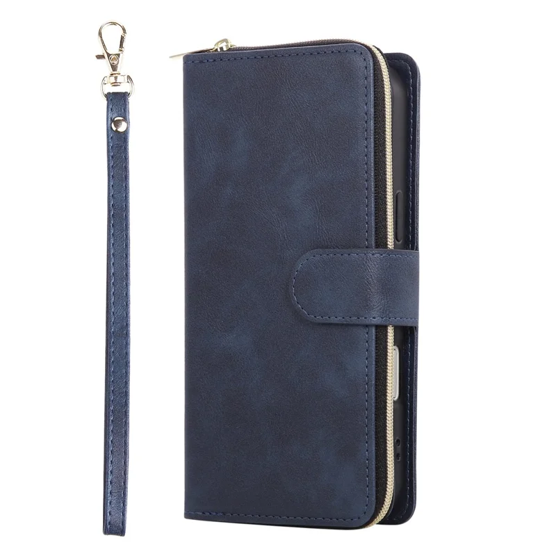 Funda para iPhone 17 Pro Max con Bolsillo de Cremallera, 9 Ranuras para Tarjetas, Cuero PU, Funda de Teléfono con Correa de Mano - Azul