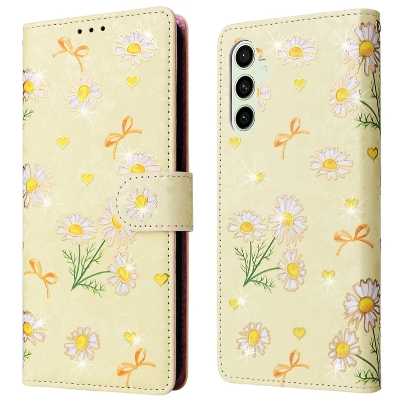 For Samsung Galaxy S25 FE Case RFID Blocking Flower Leather Phone Cover with Wrist Strap - Yellow Daisy