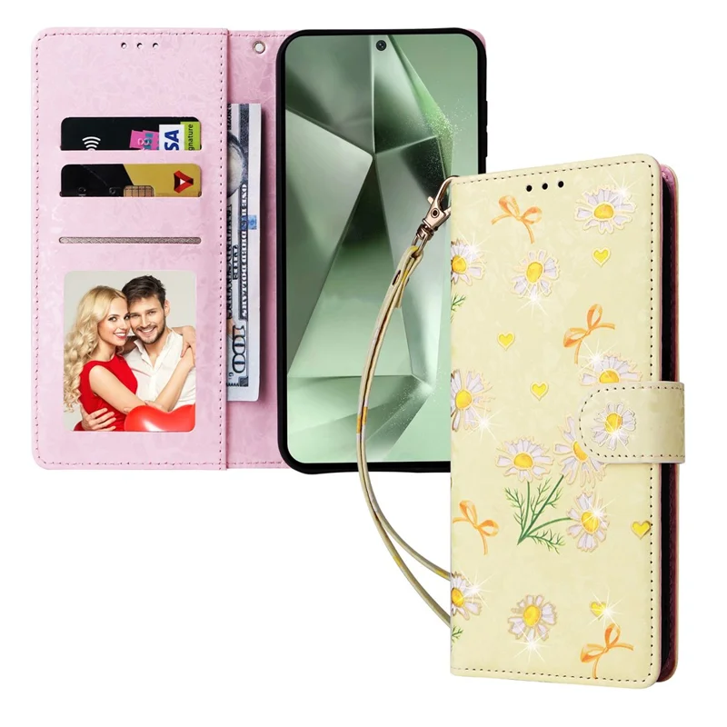 For Samsung Galaxy S25 FE Case RFID Blocking Flower Leather Phone Cover with Wrist Strap - Yellow Daisy