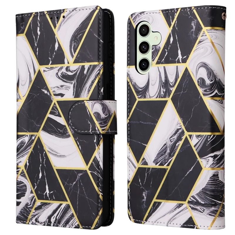 Für Samsung Galaxy S25 FE Hülle Lackiertes Marmormuster Leder Handyhülle mit Handschlaufe - Schwarz