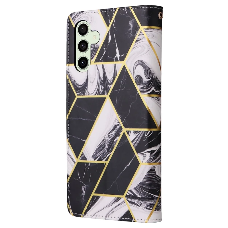Für Samsung Galaxy S25 FE Hülle Lackiertes Marmormuster Leder Handyhülle mit Handschlaufe - Schwarz