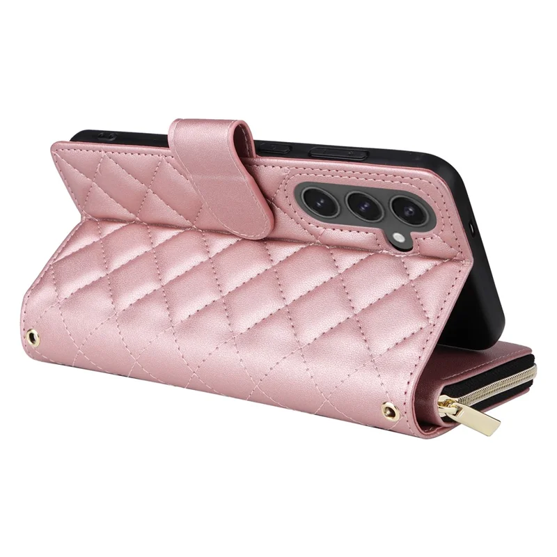Funda tipo cartera con cremallera para Samsung Galaxy S25 FE de cuero PU con diseño de rombos y correa cruzada - Oro Rosa