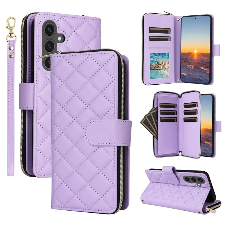 For Samsung Galaxy S25 FE Case Zipper Wallet Rhombus PU Leather Crossbody Phone Cover - Purple