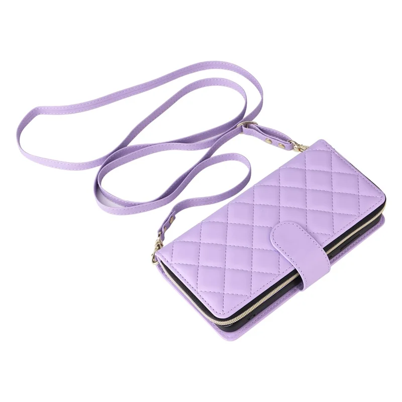 For Samsung Galaxy S25 FE Case Zipper Wallet Rhombus PU Leather Crossbody Phone Cover - Purple