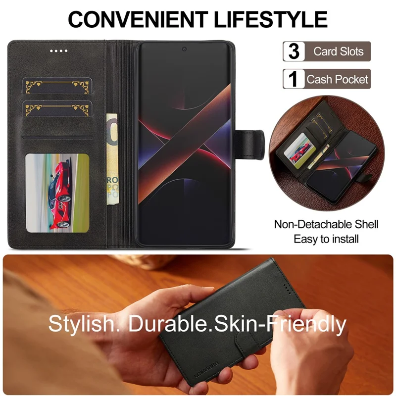 LC.IMEEKE Pour Xiaomi Poco X7 Pro 5G Coque Texture Veau Cuir PU Support Portefeuille Housse de Téléphone - Noir