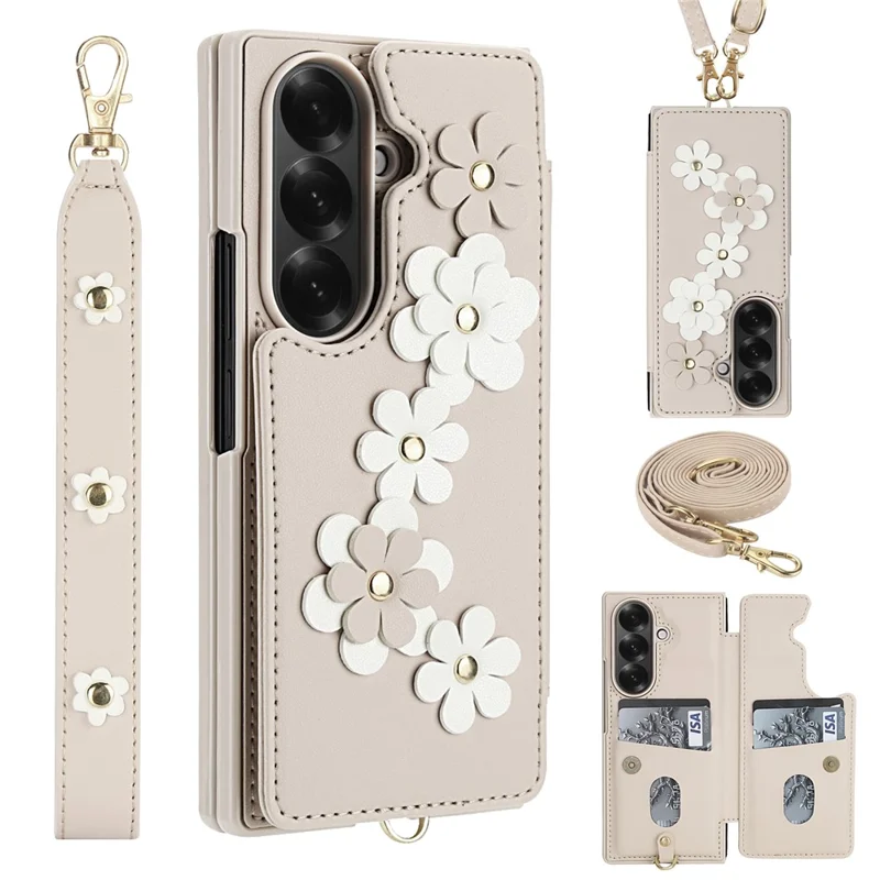 Étui en cuir pour Samsung Galaxy Z Fold7 5G avec emplacements pour cartes, revêtement TPU à motif floral et 2 sangles - Beige