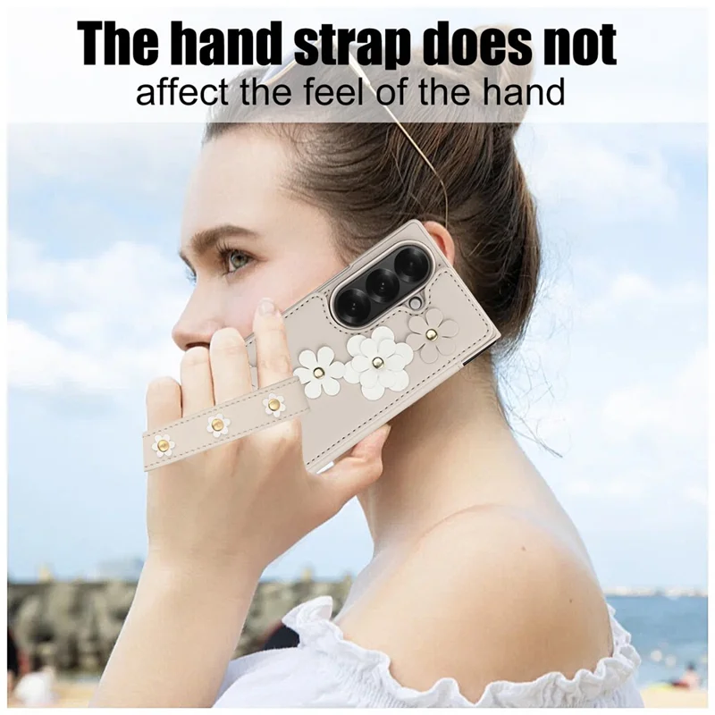 Étui en cuir pour Samsung Galaxy Z Fold7 5G avec emplacements pour cartes, revêtement TPU à motif floral et 2 sangles - Beige