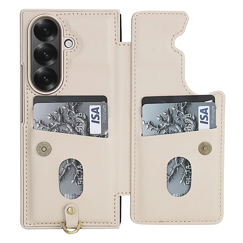 Étui en cuir pour Samsung Galaxy Z Fold7 5G avec emplacements pour cartes, revêtement TPU à motif floral et 2 sangles - Beige