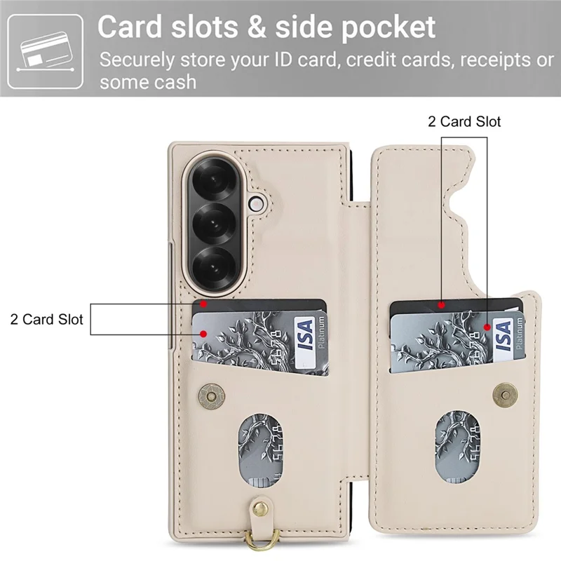 Étui en cuir pour Samsung Galaxy Z Fold7 5G avec emplacements pour cartes, revêtement TPU à motif floral et 2 sangles - Beige