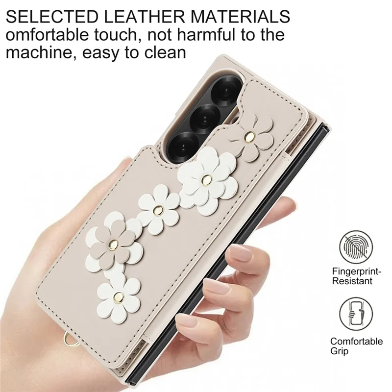 Étui en cuir pour Samsung Galaxy Z Fold7 5G avec emplacements pour cartes, revêtement TPU à motif floral et 2 sangles - Beige