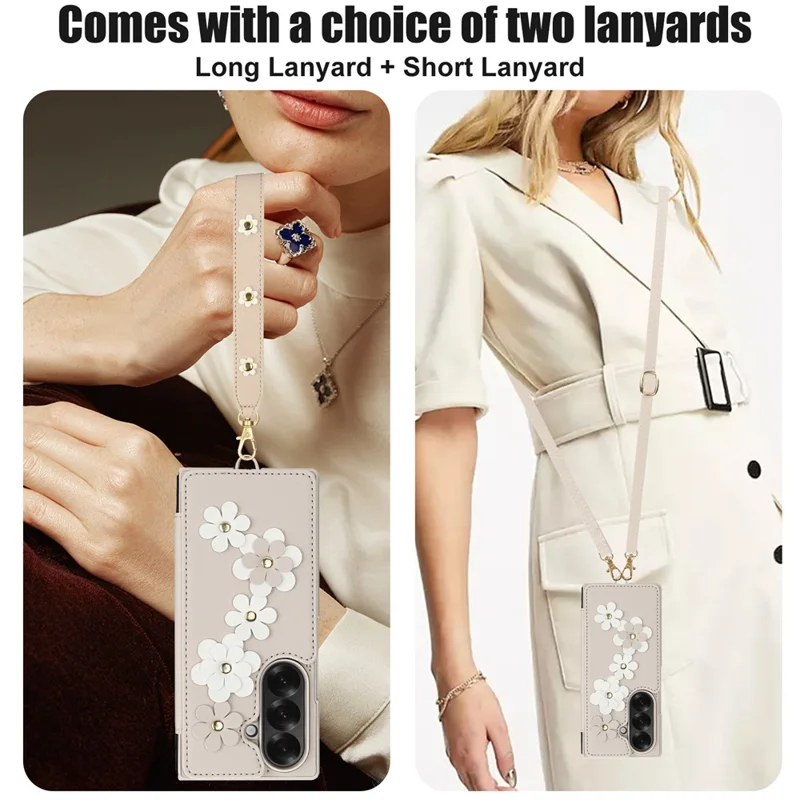 Étui en cuir pour Samsung Galaxy Z Fold7 5G avec emplacements pour cartes, revêtement TPU à motif floral et 2 sangles - Beige