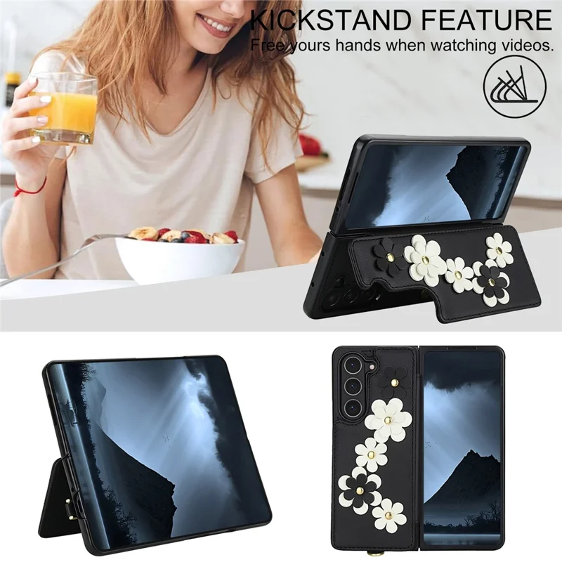 Funda para Samsung Galaxy Z Fold6 5G Ranuras para tarjetas Revestimiento de cuero TPU Funda de teléfono con flores y 2 correas - Negro