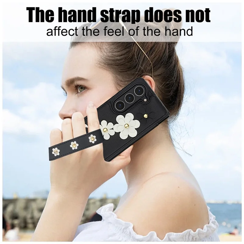 Étui pour Samsung Galaxy Z Fold5 5G avec fentes pour cartes Revêtement en cuir TPU Housse de téléphone à fleurs avec 2 sangles - Noir