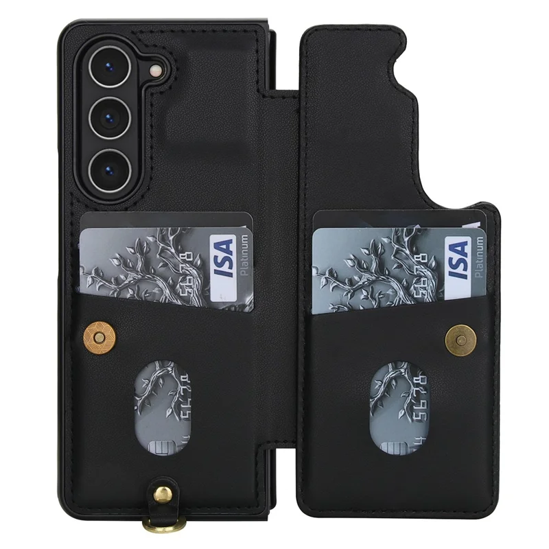Étui pour Samsung Galaxy Z Fold5 5G avec fentes pour cartes Revêtement en cuir TPU Housse de téléphone à fleurs avec 2 sangles - Noir