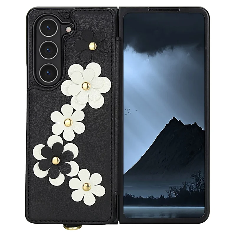 Étui pour Samsung Galaxy Z Fold5 5G avec fentes pour cartes Revêtement en cuir TPU Housse de téléphone à fleurs avec 2 sangles - Noir