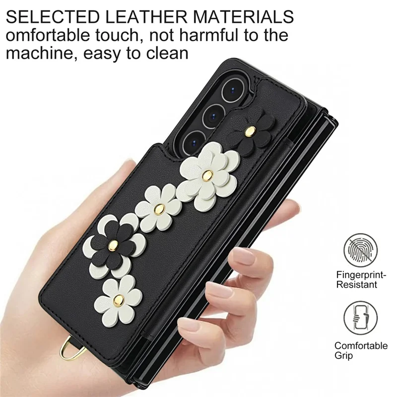 Étui pour Samsung Galaxy Z Fold5 5G avec fentes pour cartes Revêtement en cuir TPU Housse de téléphone à fleurs avec 2 sangles - Noir
