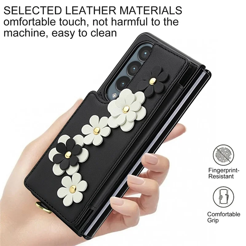 Capa para Samsung Galaxy Z Fold4 5G com Compartimentos para Cartões, Revestimento de Couro, TPU com Estampa Floral e 2 Alças - Preto