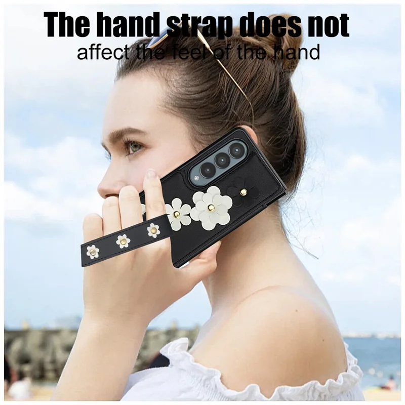 Capa para Samsung Galaxy Z Fold4 5G com Compartimentos para Cartões, Revestimento de Couro, TPU com Estampa Floral e 2 Alças - Preto