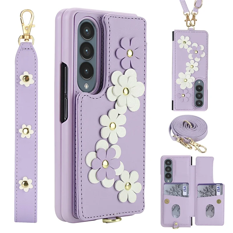 Pour Samsung Galaxy Z Fold4 5G Étui Fentes pour cartes Revêtement en cuir TPU Housse de téléphone à fleurs avec 2 sangles - Violet