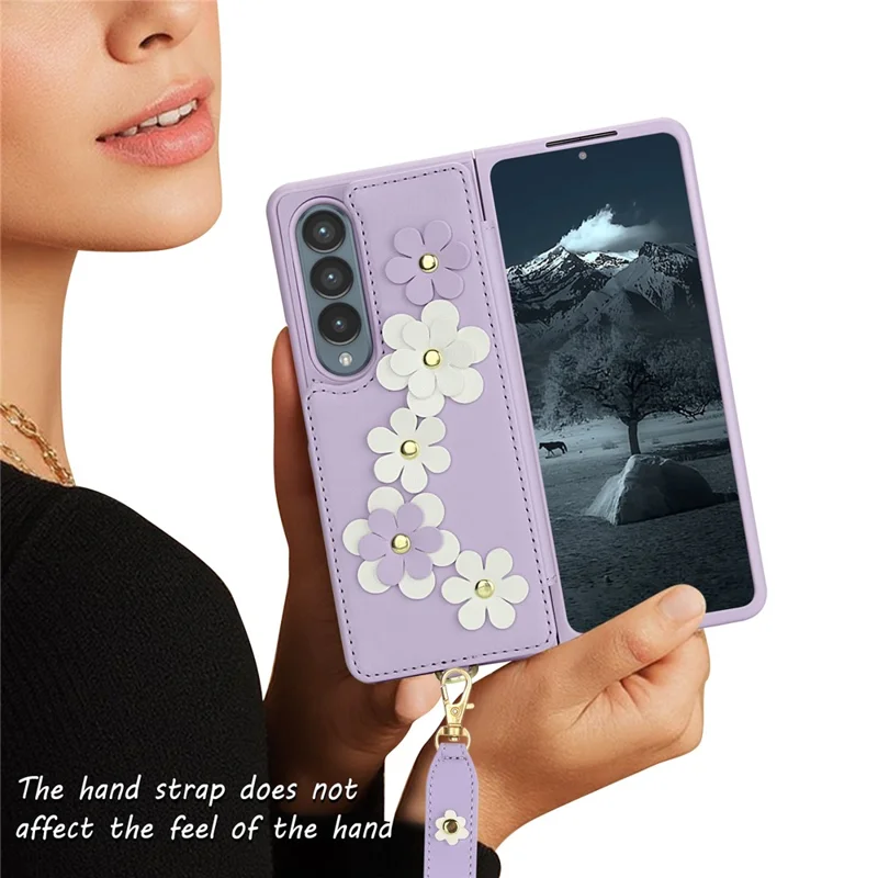 Pour Samsung Galaxy Z Fold4 5G Étui Fentes pour cartes Revêtement en cuir TPU Housse de téléphone à fleurs avec 2 sangles - Violet