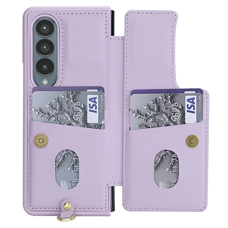 Pour Samsung Galaxy Z Fold4 5G Étui Fentes pour cartes Revêtement en cuir TPU Housse de téléphone à fleurs avec 2 sangles - Violet