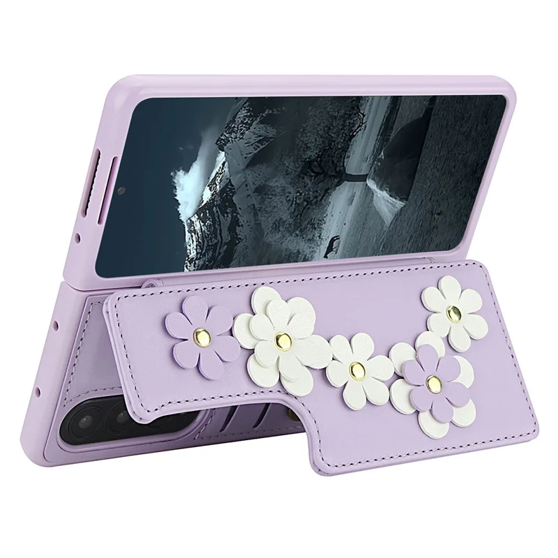 Pour Samsung Galaxy Z Fold4 5G Étui Fentes pour cartes Revêtement en cuir TPU Housse de téléphone à fleurs avec 2 sangles - Violet