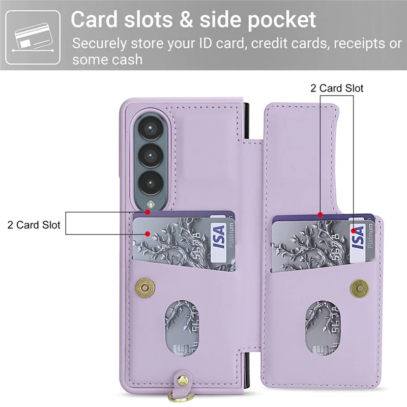 Pour Samsung Galaxy Z Fold4 5G Étui Fentes pour cartes Revêtement en cuir TPU Housse de téléphone à fleurs avec 2 sangles - Violet