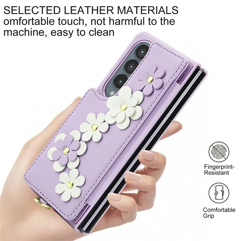 Pour Samsung Galaxy Z Fold4 5G Étui Fentes pour cartes Revêtement en cuir TPU Housse de téléphone à fleurs avec 2 sangles - Violet