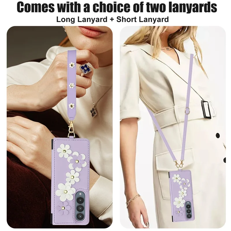 Pour Samsung Galaxy Z Fold4 5G Étui Fentes pour cartes Revêtement en cuir TPU Housse de téléphone à fleurs avec 2 sangles - Violet