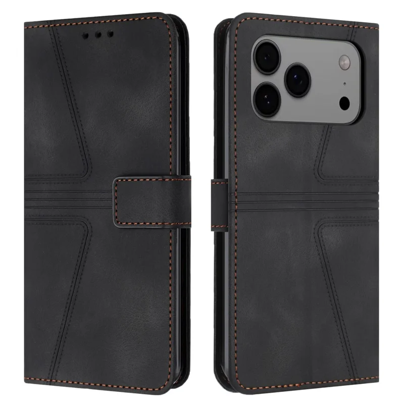 For iPhone 18 Pro / 17 Pro Case Triangle Imprinted Anti-Scratch Phone Wallet Cover - Black