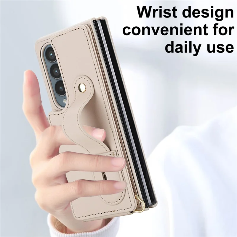 Cover per Samsung Galaxy Z Fold4 5G con Supporto, Slot per Carte, Rivestimento in Pelle e TPU con Tracolla - Beige