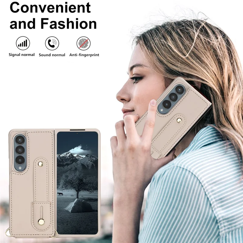 Cover per Samsung Galaxy Z Fold4 5G con Supporto, Slot per Carte, Rivestimento in Pelle e TPU con Tracolla - Beige