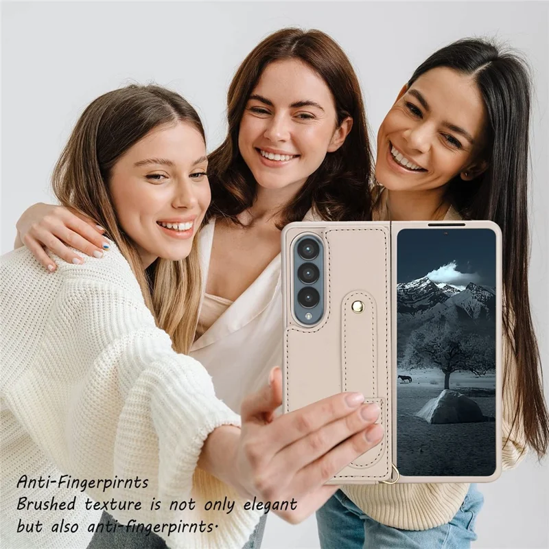 Cover per Samsung Galaxy Z Fold4 5G con Supporto, Slot per Carte, Rivestimento in Pelle e TPU con Tracolla - Beige